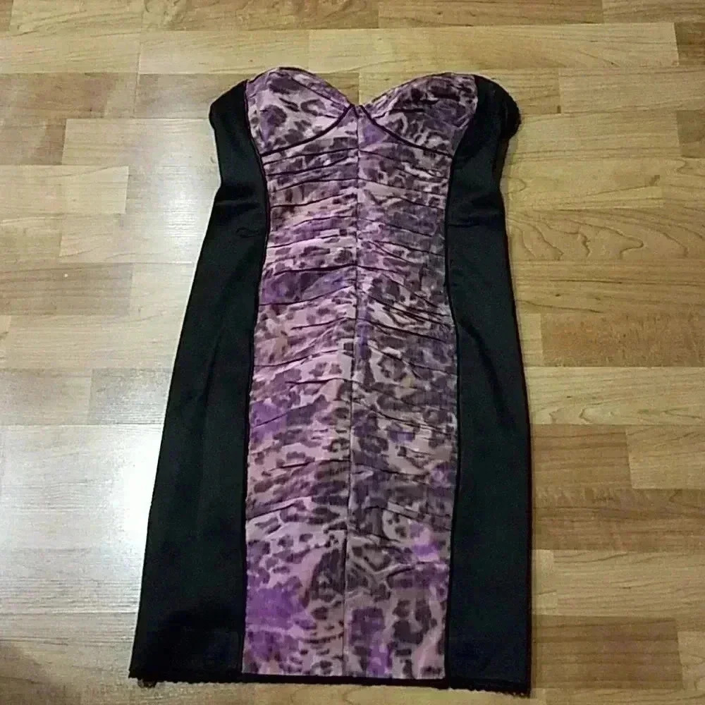 BEBE CORSET DRESS MINI SATIN BODYCON PURPLE LEOPARD PRINT M